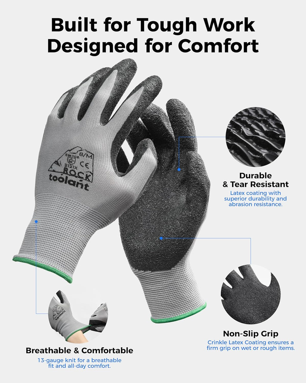 toolant Crinkle Latex Work Gloves Bulk, Rubber Coated Safety Work Gloves for Men and Women, 120 Pairs for Construction, Gardening, Warehouse (Gray, XL)