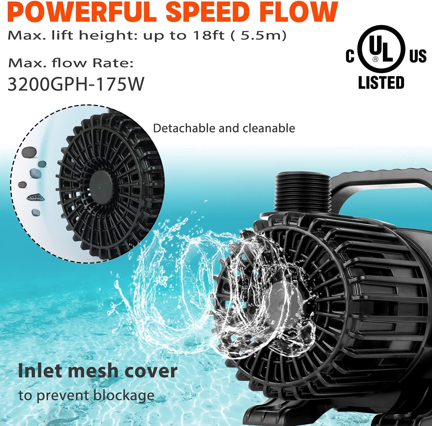 WaterRebirth (3200GPH-175W,UL listed) High Flow Large Fountain Submersible Water Pond Sump Pump Aquarium Electric Waterfall Pump Outdoor PS-3200