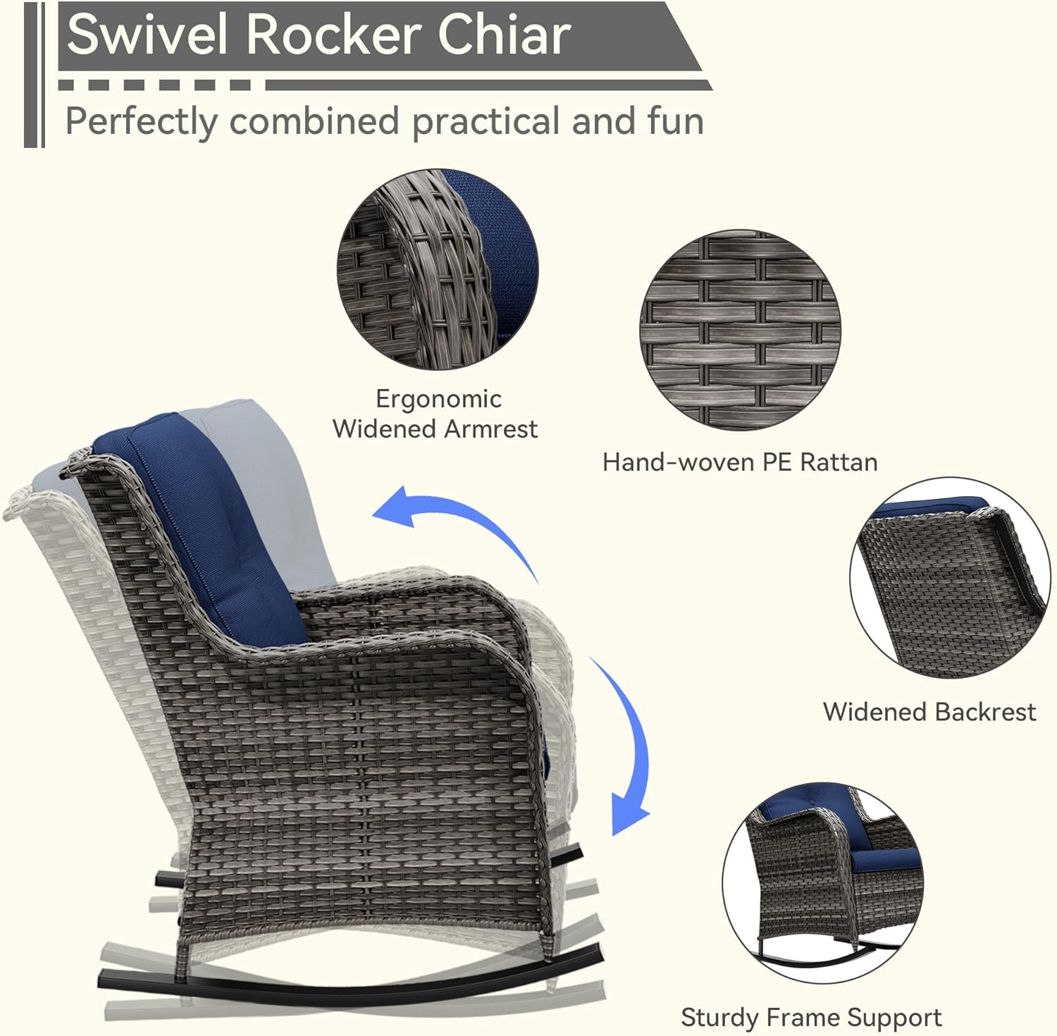 1 PC Outdoor Rocking Chair, Wicker Patio Rocker Chair for Yard, Porch, Mixed Brown Grey Rattan, Blue Cushions