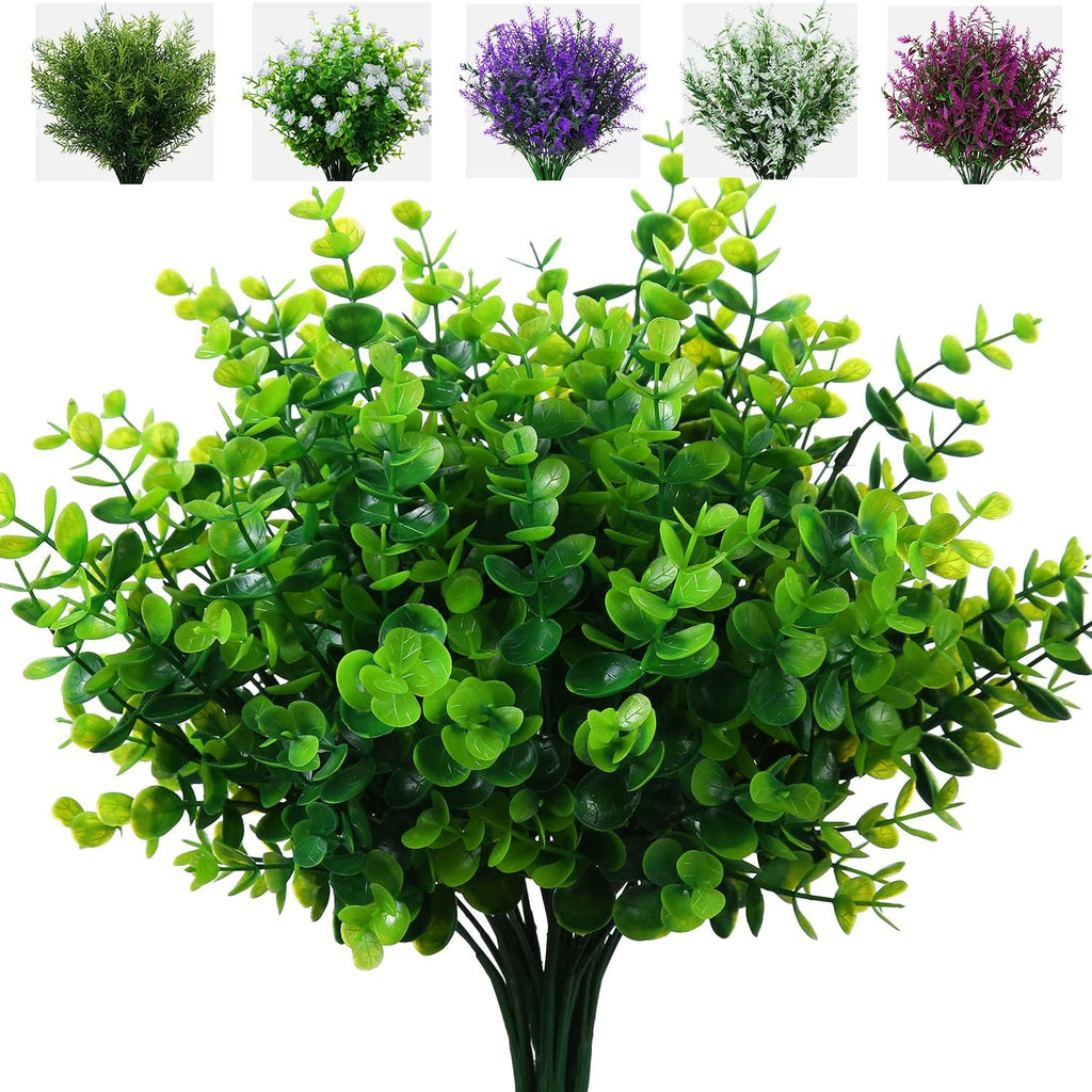 Artificial Plants Flowers Grass Shrubs 8 Pack No Fade Faux Plastic Flowers Outdoor for Farmhouse Garden Porch Patio Indoor Wedding Decoration Greenery Fake Plants uv Resistant (1#Green)
