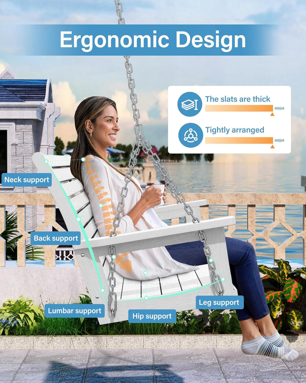 YEFU Porch Swing, 2-Seat Outdoor Swing, Waterproof Hanging Porch Swings Chair, Weather Resistance Patio Swings,for Garden and Backyard,Composite Material,660LBS Weight Capacity,4FT,White