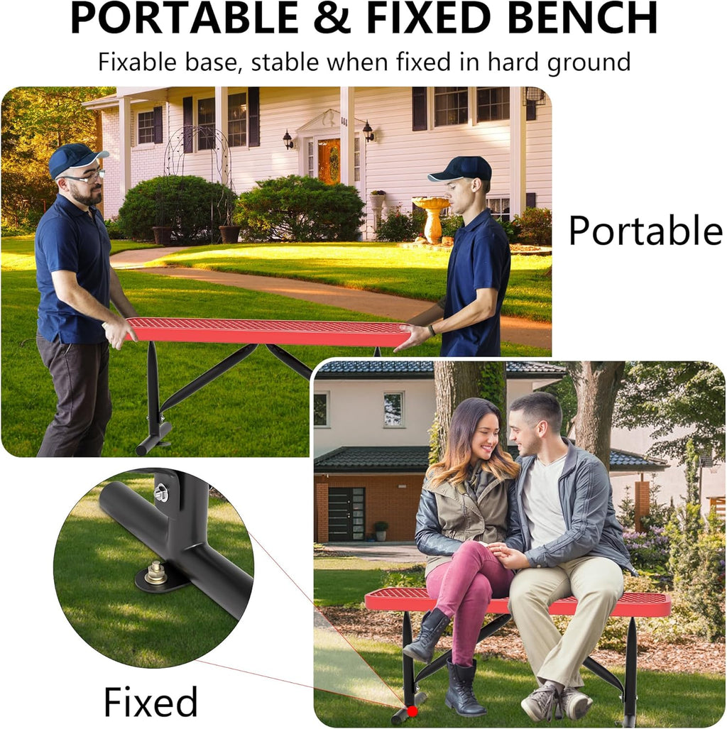 4 Feet Heavy Duty Metal Park Bench for Outside, Outdoor Bench with Portable Frame, Commercial Benches for Shopping Mall, Store, Park, Patio, Deck, Red