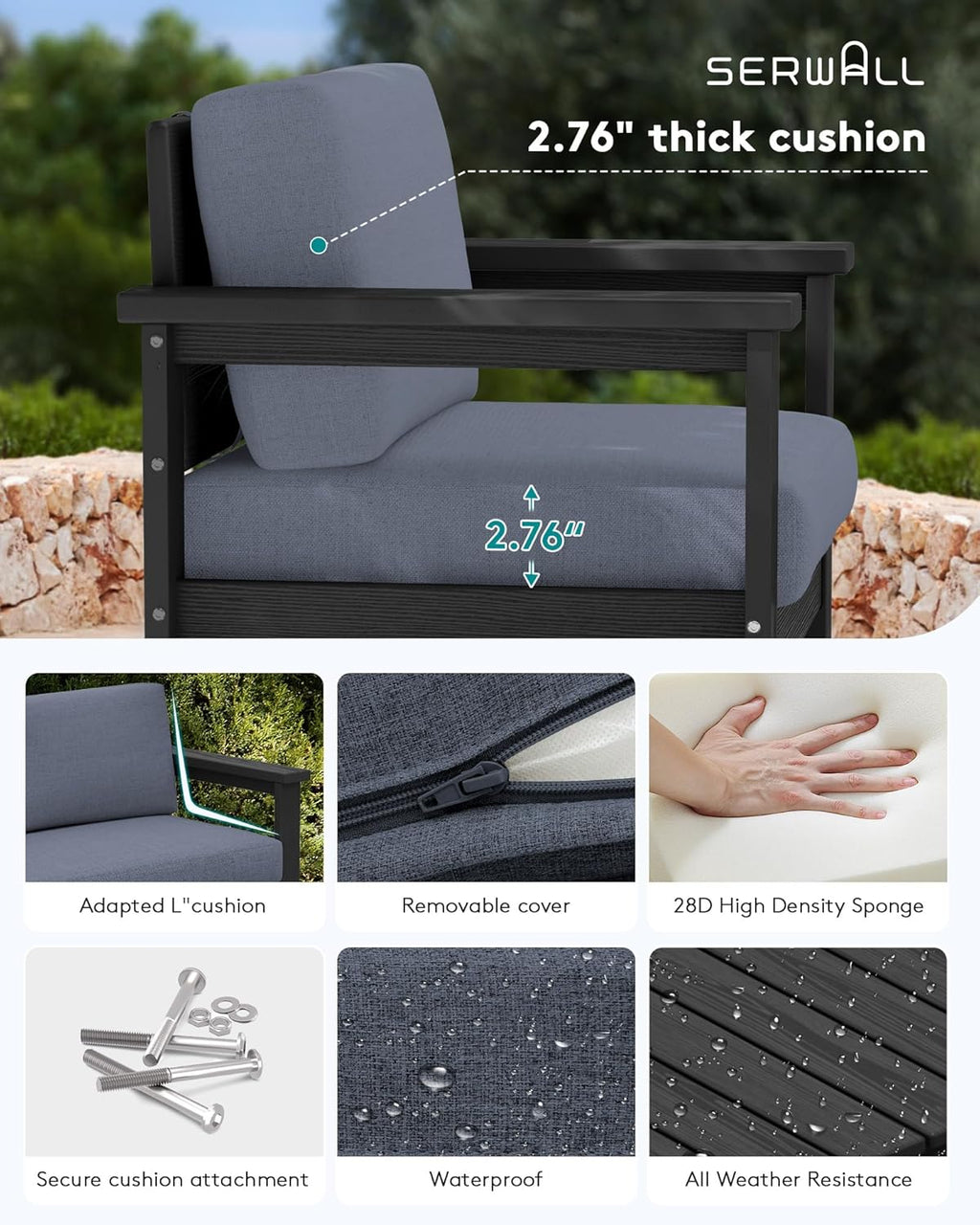 SERWALL 2 Pieces Single Cushioned Lounge Chair, Black HDPE Outdoor Adirondack Sofa Armchair with Grey Cushion