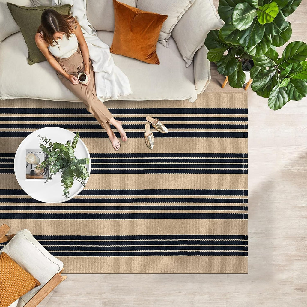 IOHOUZE Black and Tan Striped Rug 4'x6' Front Door Rugs Outdoor, Washable Area Rug for Double Front Porch, Large Patio Rug Outdoor Indoor, Doormat for Entryway Porch Entrance