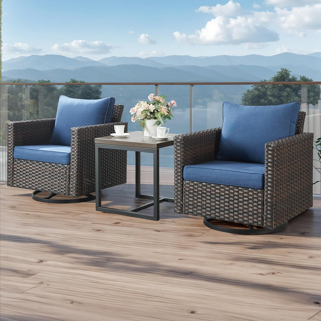 HUMMUH Patio Swivel Chairs Set of 2,PE Wicker Outdoor Rocker Chairs Bistro Set Porch Balcony Furniture with Cushions