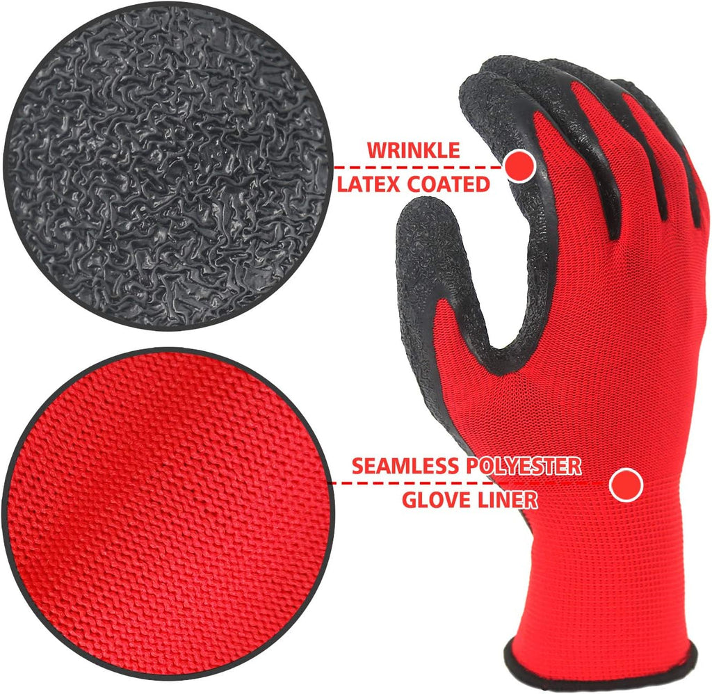 Evridwear Crinkle Latex Rubber Hand Coated Safety Work Gloves for Men Women General Multi Use Construction Warehouse Gardening Assembly Landscaping (L-Size) 12 Pairs Pack