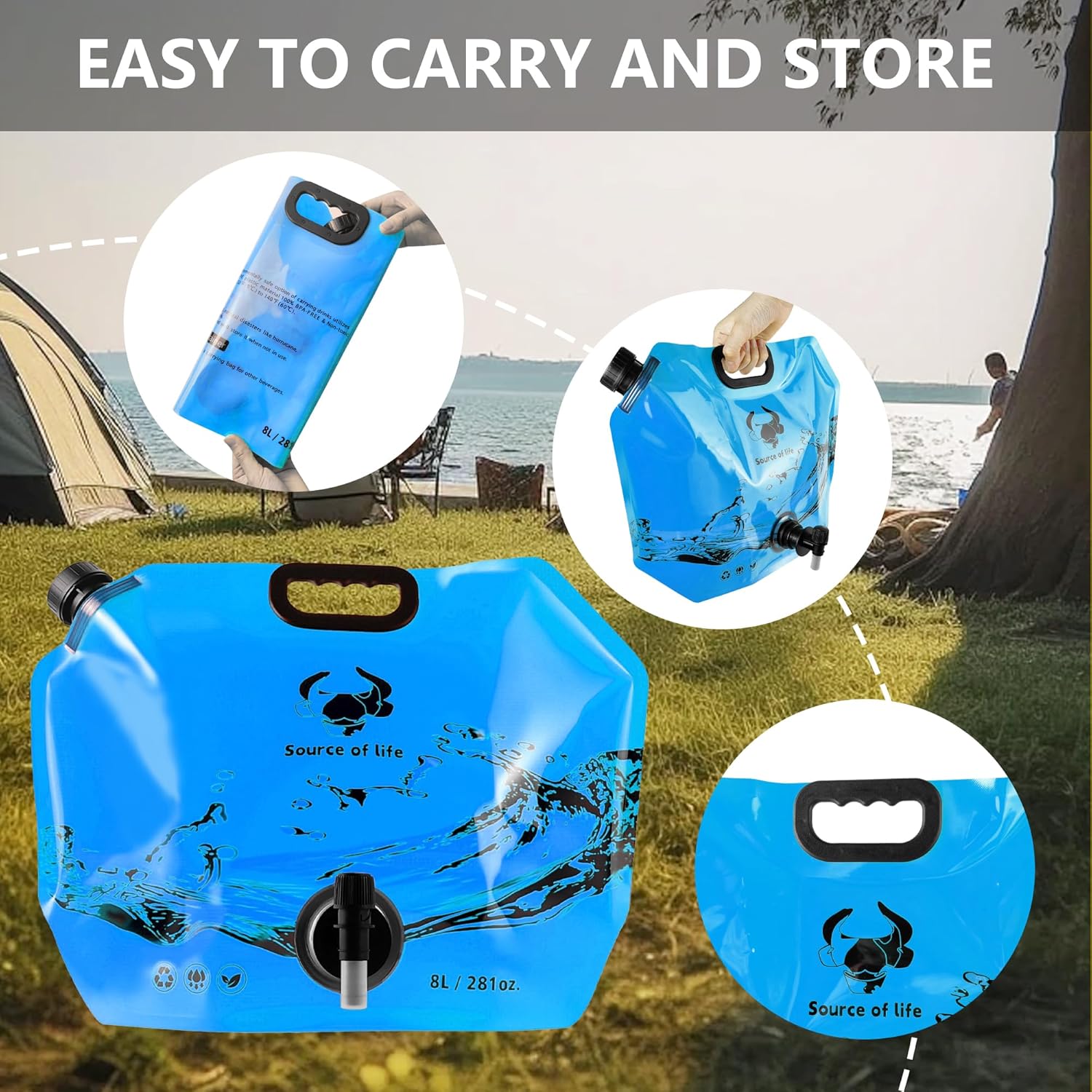 Collapsible 8L Water Storage Bag, BPA-Free Portable Folding Water Jug with Adjustable Faucet, Leakproof Emergency Water Bag for Camping, Hiking, Riding, Outdoor Sport (Blue, 2)
