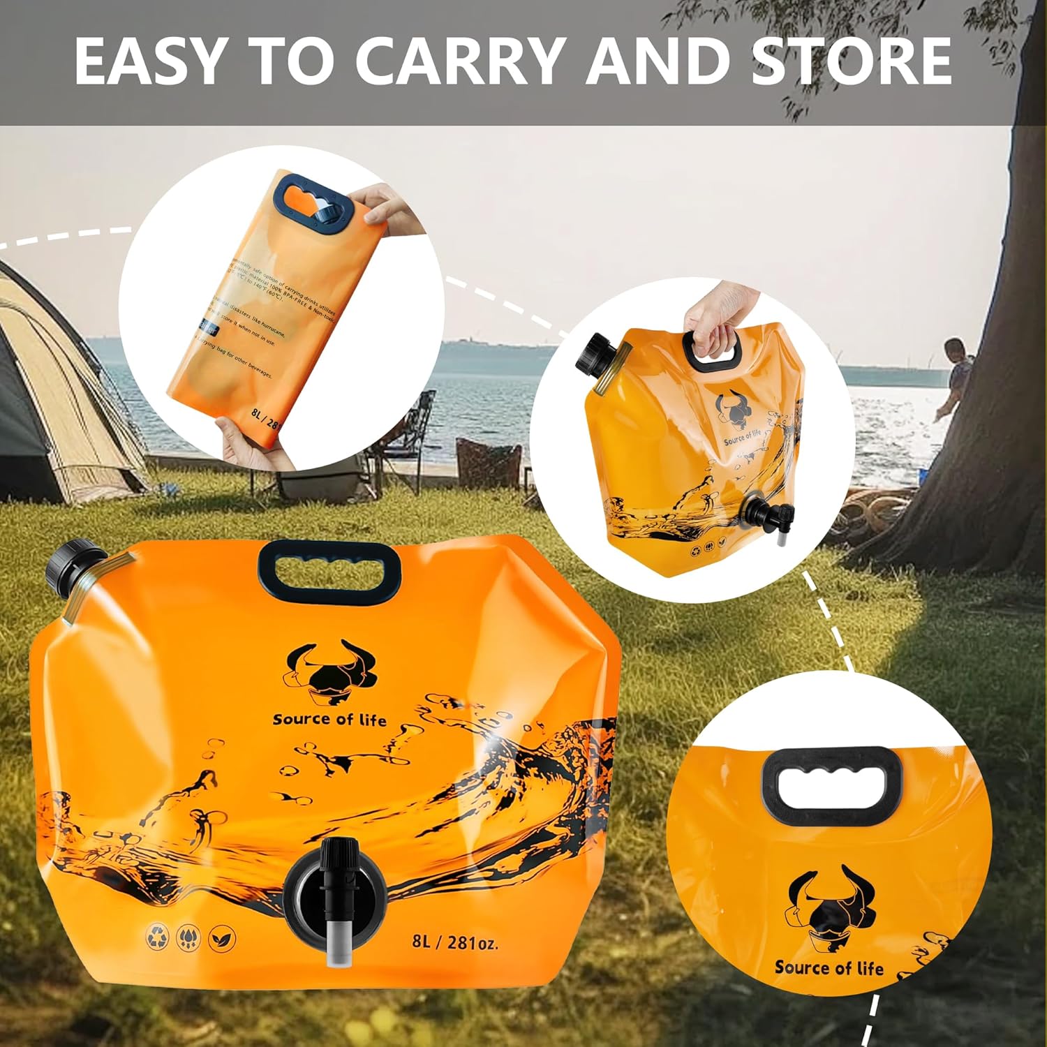 Collapsible 8L Water Storage Bag, BPA-Free Portable Folding Water Jug with Adjustable Faucet, Leakproof Emergency Water Bag for Camping, Hiking, Riding, Outdoor Sport (Blue & Orange 2)