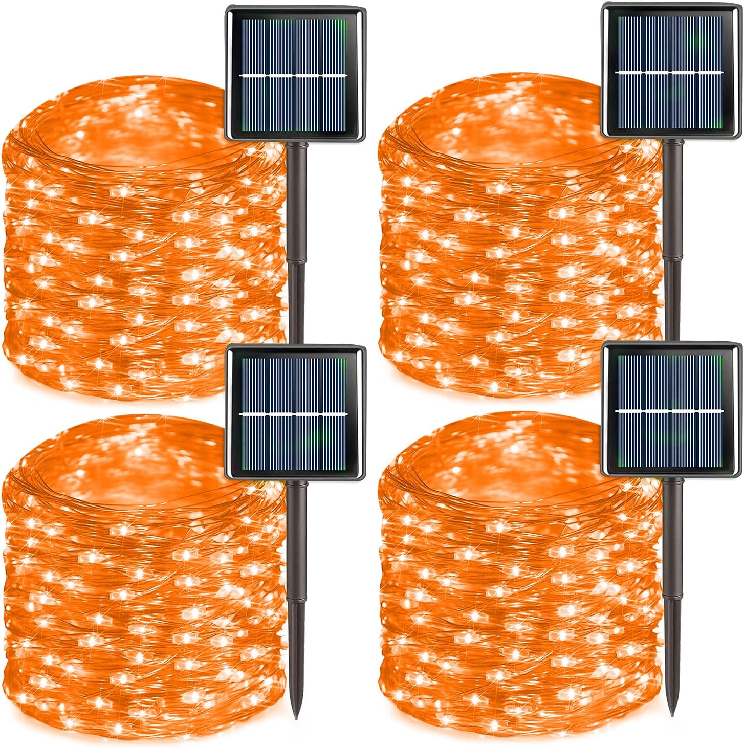 QITONG 4 Pack Orange Solar Fairy Lights, Each 33ft 100 LED Halloween Lights Outdoor Waterproof, 8 Modes Copper Wire Mini String Lights