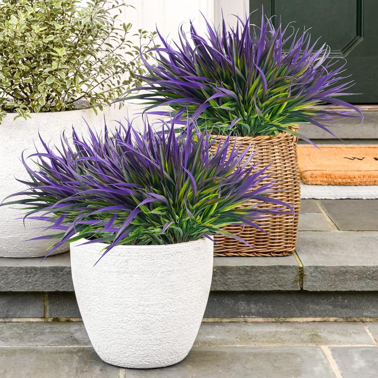 Uieke 12 Bundles Artificial Outdoor Plants UV Resistant Fake Grass Plants Faux Plastic Plants Greenery Shrubs for Home Garden Pathway Window Box Front Porch Cemetery Spring Summer Decor, Purple