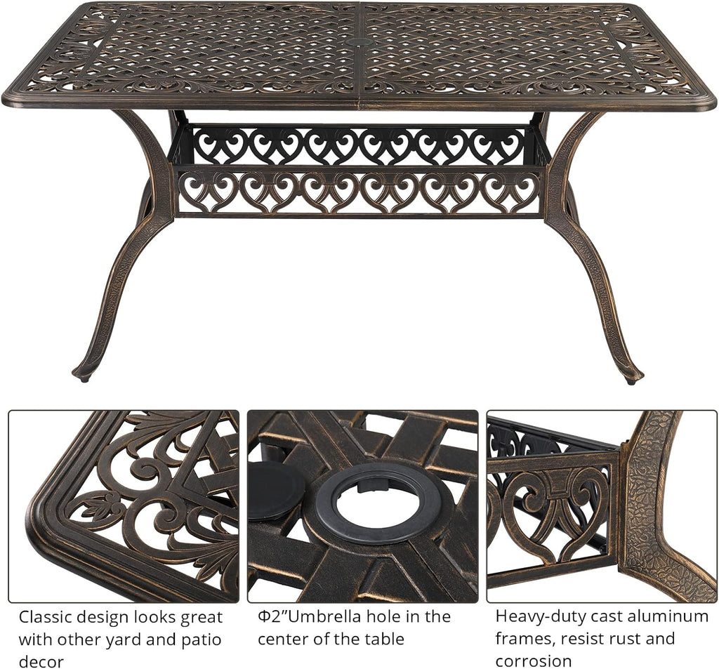 Outvita 59inch Patio Dinning Set, Outdoor Cast Aluminum Large Rectangle Table with Umbrella Hole and 6 Pieces Dining Chairs with Cushion for Backyard Pool Balcony Deck