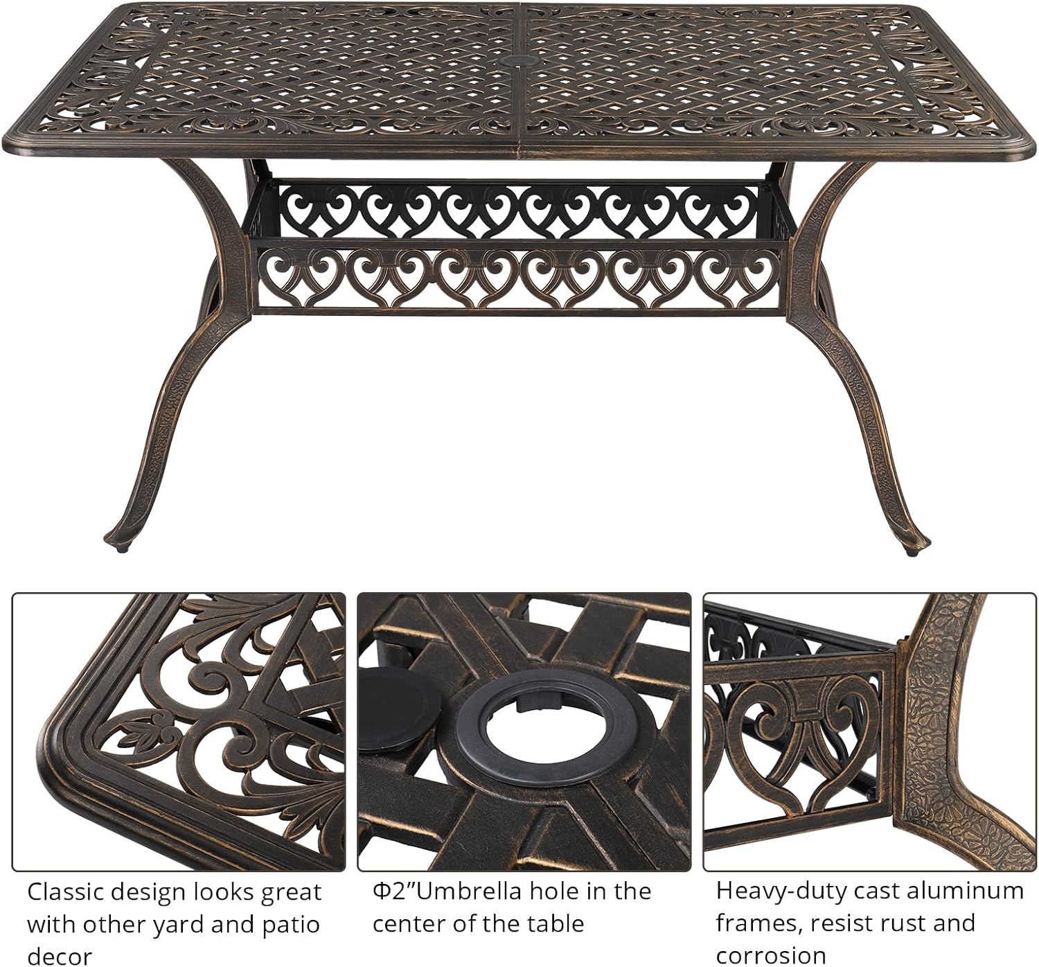 Outvita 59inch Patio Dinning Set, Outdoor Cast Aluminum Large Rectangle Table with Umbrella Hole and 6 Pieces Dining Chairs with Cushion for Backyard Pool Balcony Deck