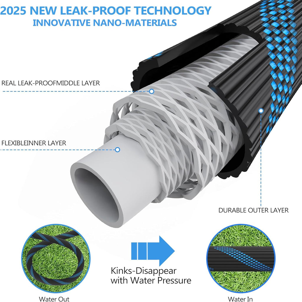 100 ft Garden Hose-No Kink,Heavy Duty,Lightweigh Flexible,Leakproof Water Hose with Sprayer Nozzle-3/4" Solid Brass Connectors-Rubber Car Hoses
