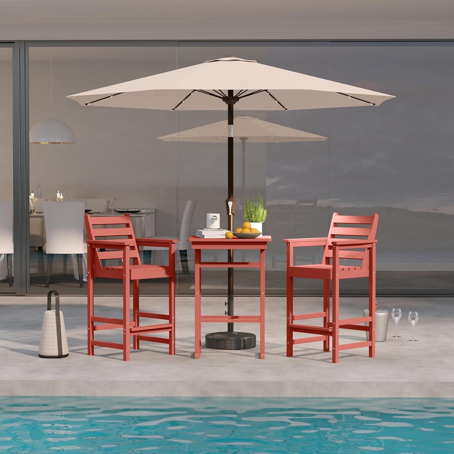 3-Piece Outdoor Bar Set with Beige 9FT Patio Umbrella, HDPE Tall Balcony Adirondack Chairs and Table, All-Weather Outdoor Bar Stools for Patio (Terracotta)