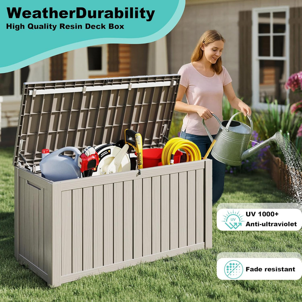 150Gal Outdoor Deck Box Waterproof, Lager Patio Storage Box Indoor and Outdoor Use, Lockable Resin Storage Bin for Patio Furniture Cushions Garden Tools, Package Delivery,UV Resistant-Grey