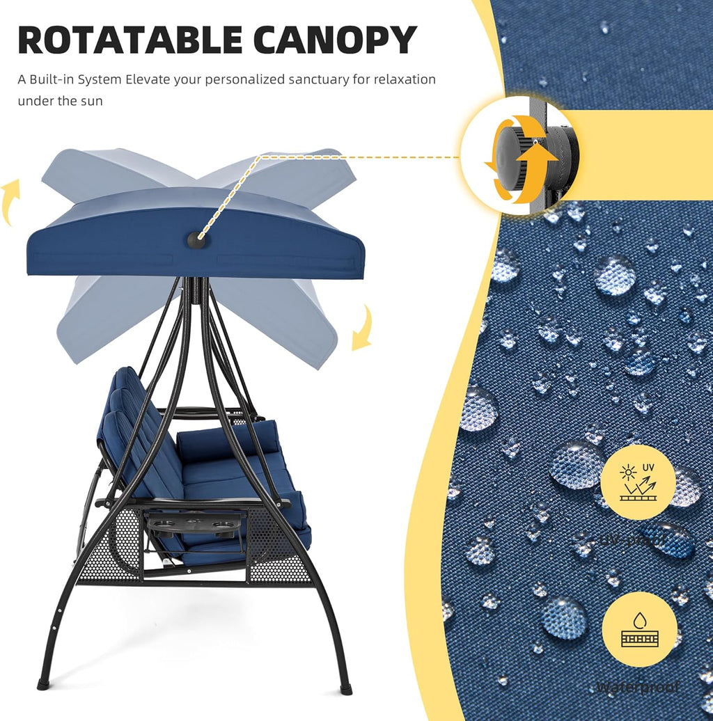 HOMREST 3 Person Outdoor Porch Swing with 1.5" Upgraded Cup Holder, Adjustable Canopy, Backrest, Patio Swing Bed with Weather Resistant Steel Frame, Cushions for Garden,Deck and Poolside(Blue)