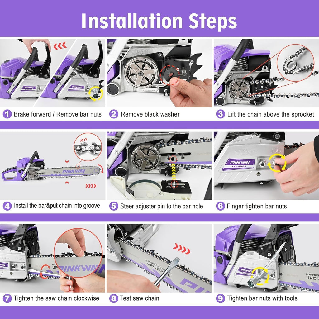 63cc Gas Chainsaws 20 Inch Bar Power Chain Saws, Gas Powered Chainsaw 2 Stroke Handed Petrol Gasoline Chain Saw for Cutting Wood Outdoor Garden Farm Home Use with Tool Kit(63ACK)