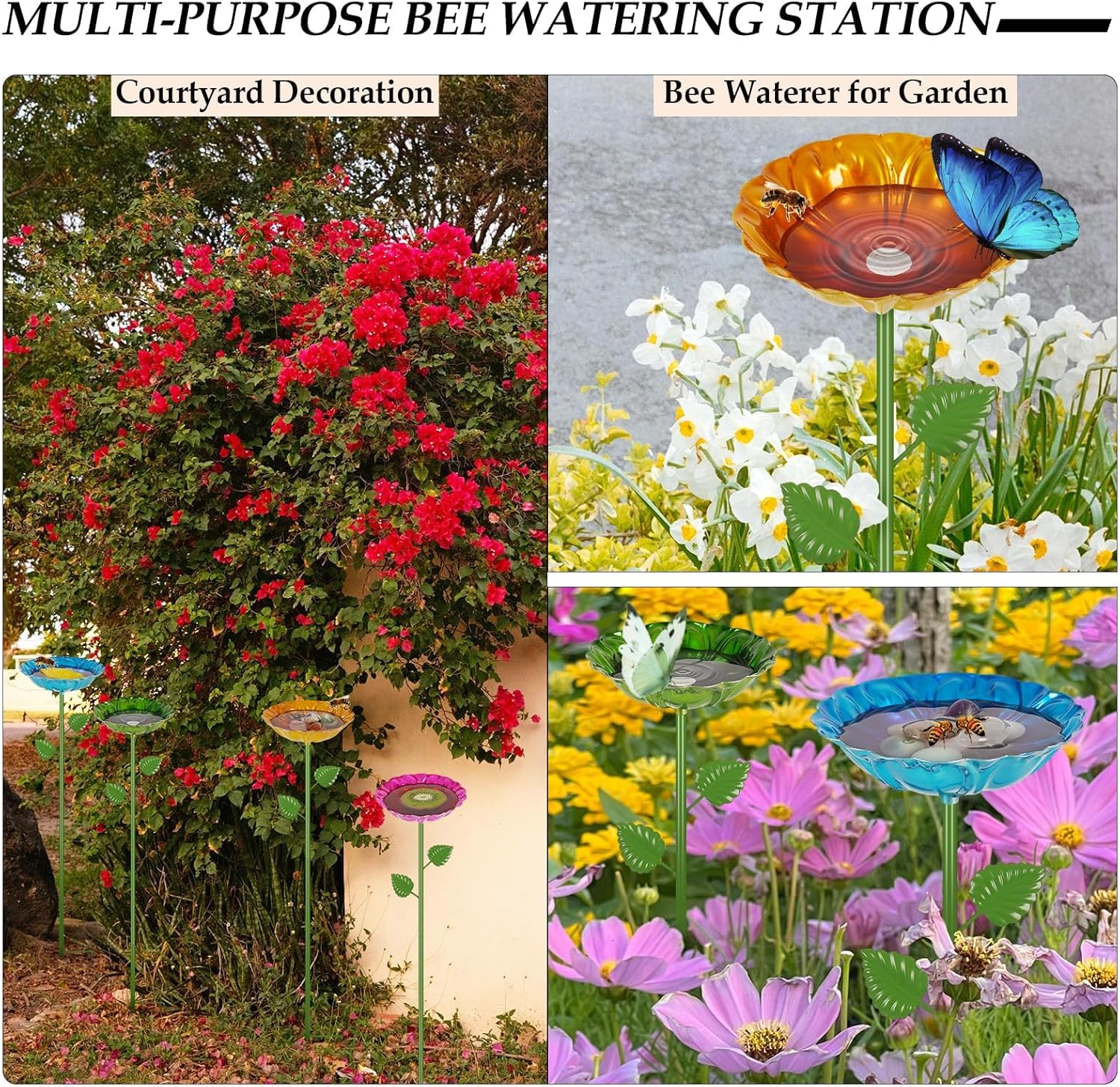 Bee Watering Station for Garden, 4 Pack Bee Drinking Station with Heart-Shaped Flower, Metal Butterfly Feeder Bee Baths for Outdoor Garden Yard Decor (Blue,Yellow)