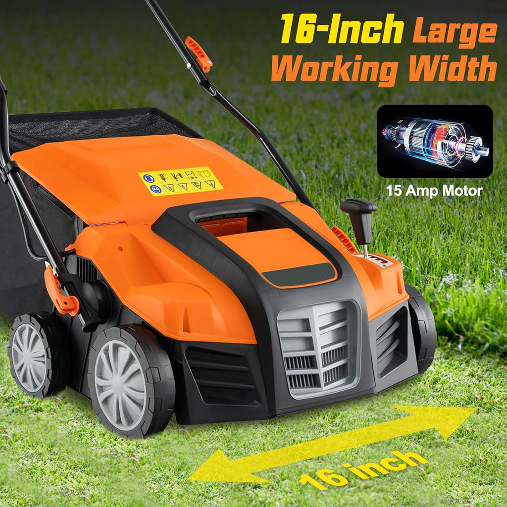 Goplus 2-in-1 Scarifier and Lawn Dethatcher, 16-Inch 15A Corded Electric Dethatcher w/ 14.5-Gal Collection Bag, 3-Position Height Adjustment & 5-Position Depth Adjustment, for Grass Garden Yard
