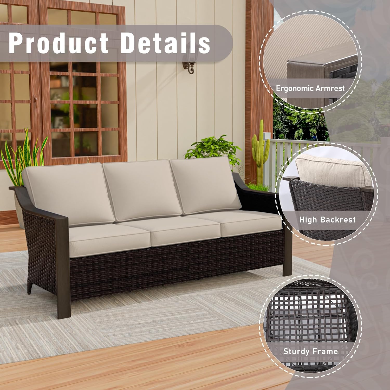 3 Piece Wicker Patio Conversation Set, All-Weather Use Outdoor Wicker Sofa with 2 PE Rattan Swivel Chair, Removable Water-Resistant Cushion, Ideal for Porch, Backyard, Balcony, Poolside, Beige