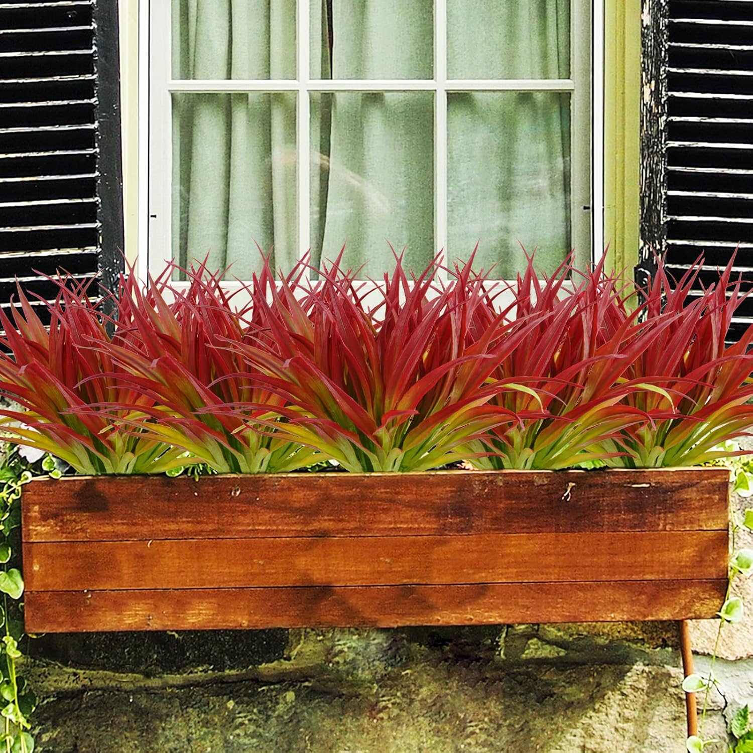 16Pcs Artificial Grass Fake Plants 17.3in Outdoor Plants UV Resistant Greenery Stems Fake Grass for Home Window Garden Office Patio Pathway Front Porch Décor Light Green & Red