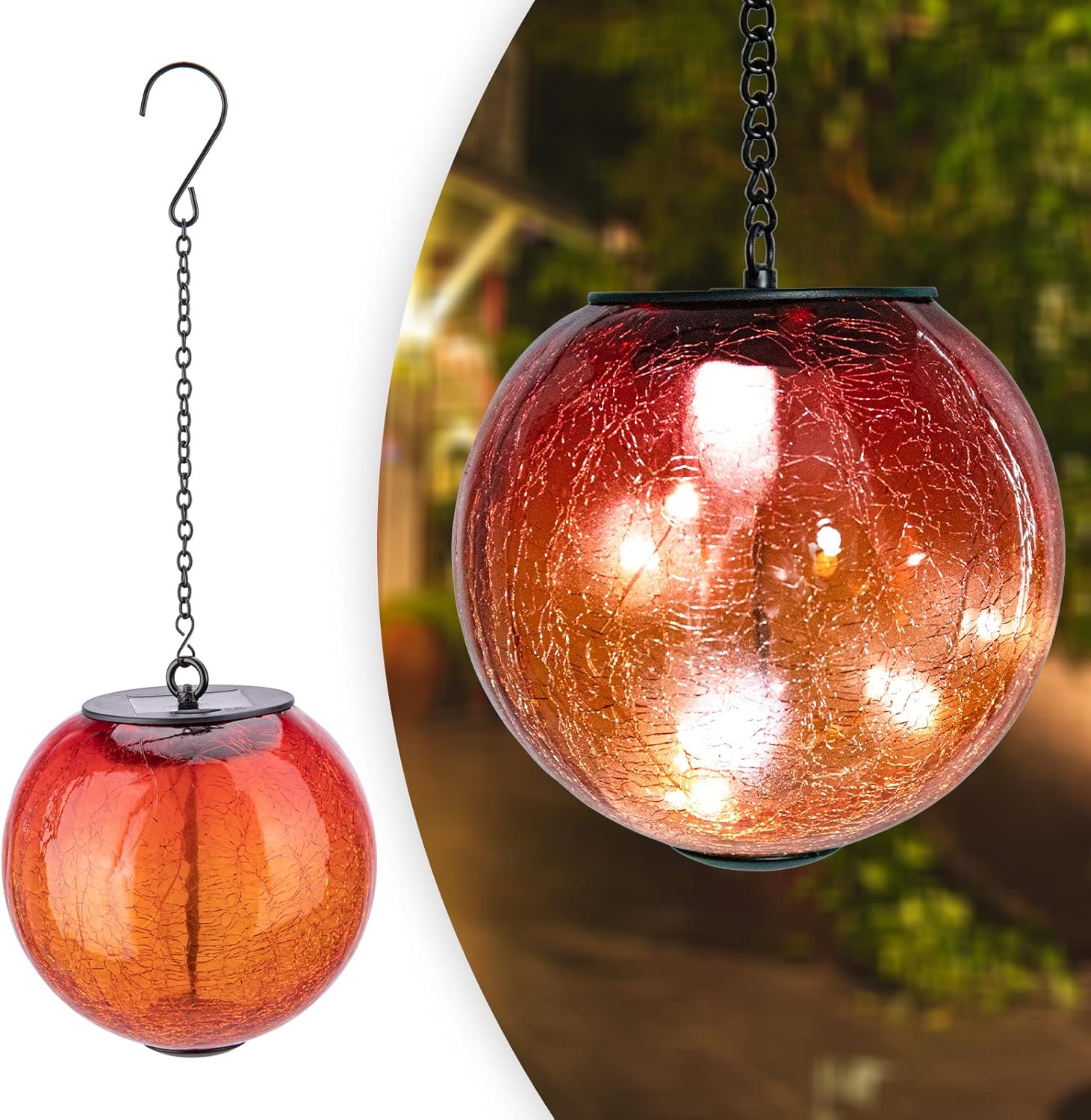 Hanging Solar Lights Outdoor Solar Lanterns Outdoor Decorative Cracked Glass Ball Lights Solar Powered Waterproof LED Globe Lantern for Outdoor Porch Patio Garden Decor Gift Orange