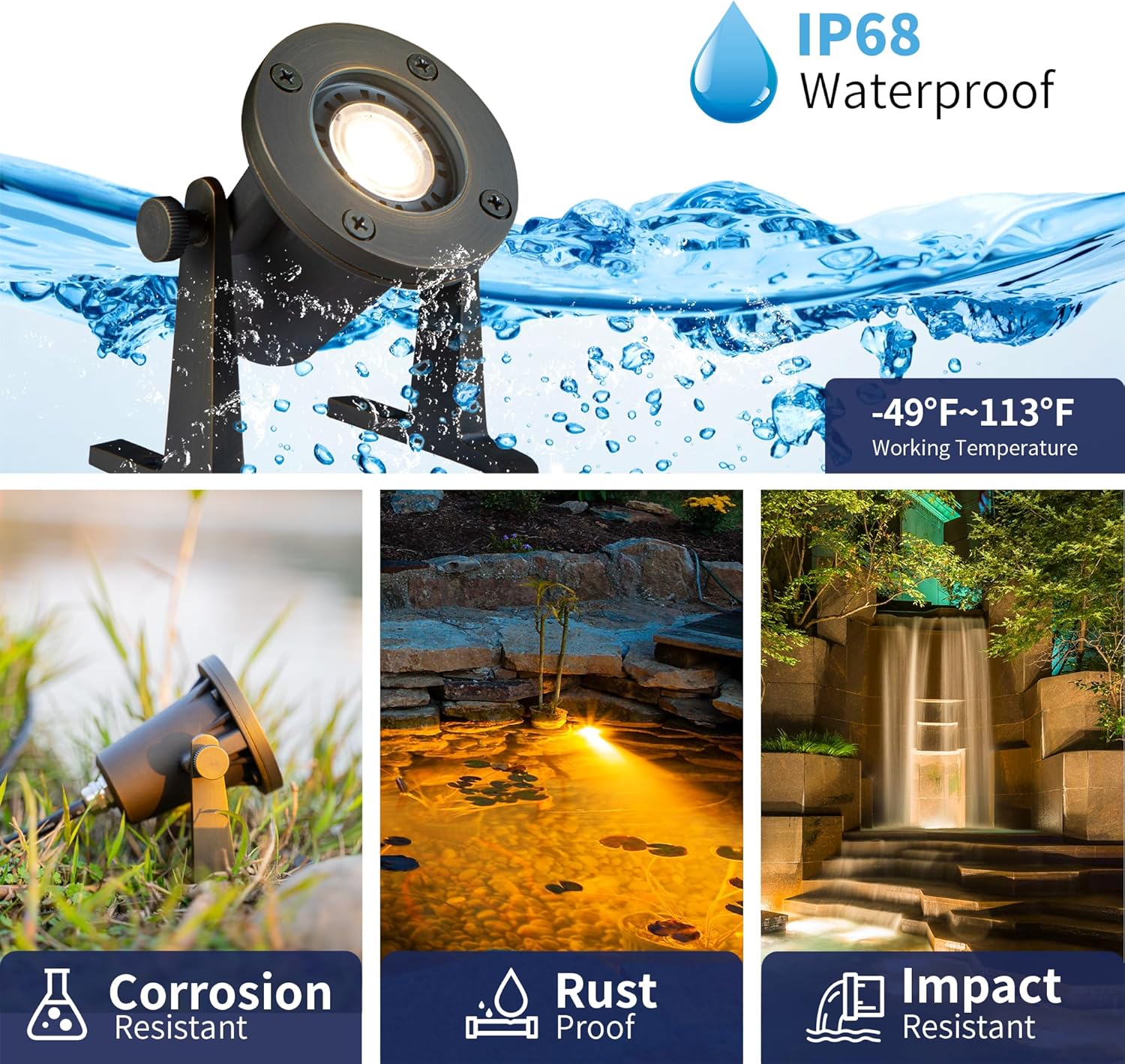 Bronze Pond Light - 12V Low Voltage Solid Brass Submersible Pondlight, IP68 Waterproof Fixture with 5000K MR16 LED Bulb for Outdoor Garden, Landscape, Waterfall, Fountain Lighting(8 Pack)