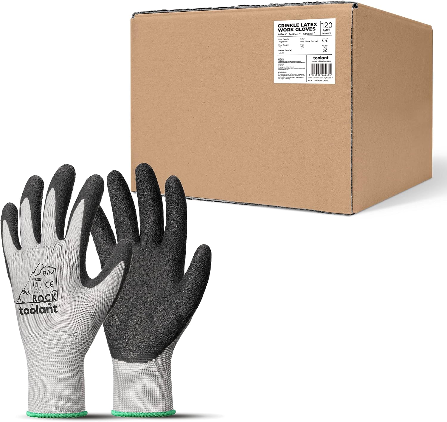 toolant Crinkle Latex Work Gloves Bulk, Rubber Coated Safety Work Gloves for Men and Women, 120 Pairs for Construction, Gardening, Warehouse (Gray, Medium)