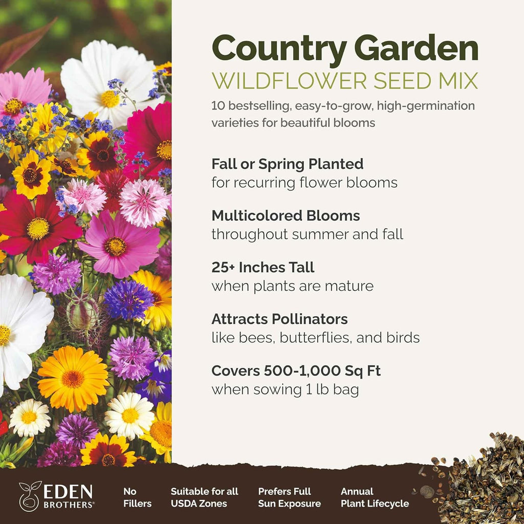 Eden Brothers Country Garden Flower Mixed Seeds for Planting, 1 lb, 480,000+ Seeds with Scarlet Flax, Cosmos Sensation | Attracts Pollinators, Plant in Spring or Fall, Zones 3, 4, 5, 6, 7, 8, 9, 10