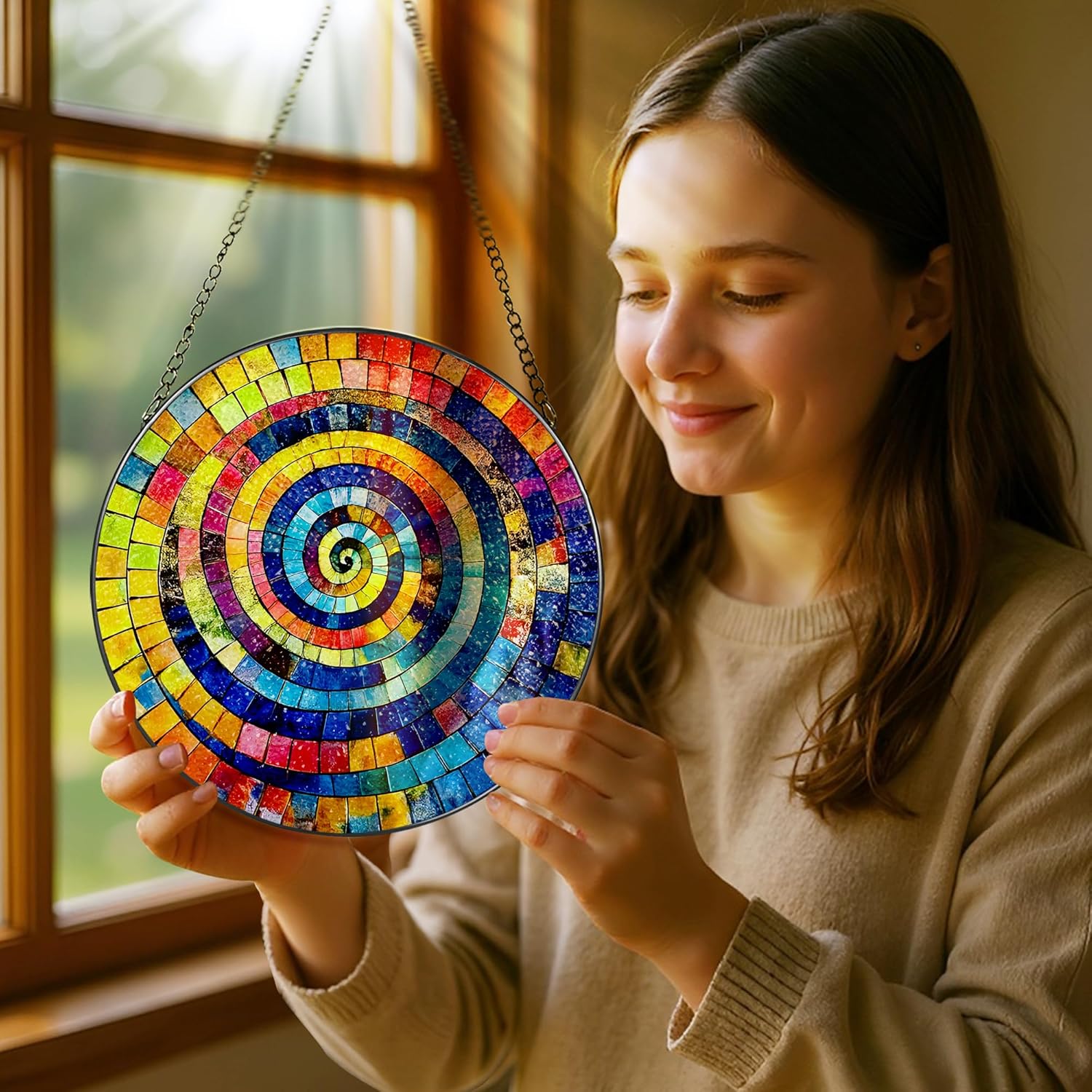 Stained Glass Window Hanging, Pauyadu 8 Inch Rainbow Spiral Stained Glass Suncatcher, Suncatchers for Windows Hanging, Window Decor, Gifts for Art Lovers, Idea Gifts for Women, Friend, Lover