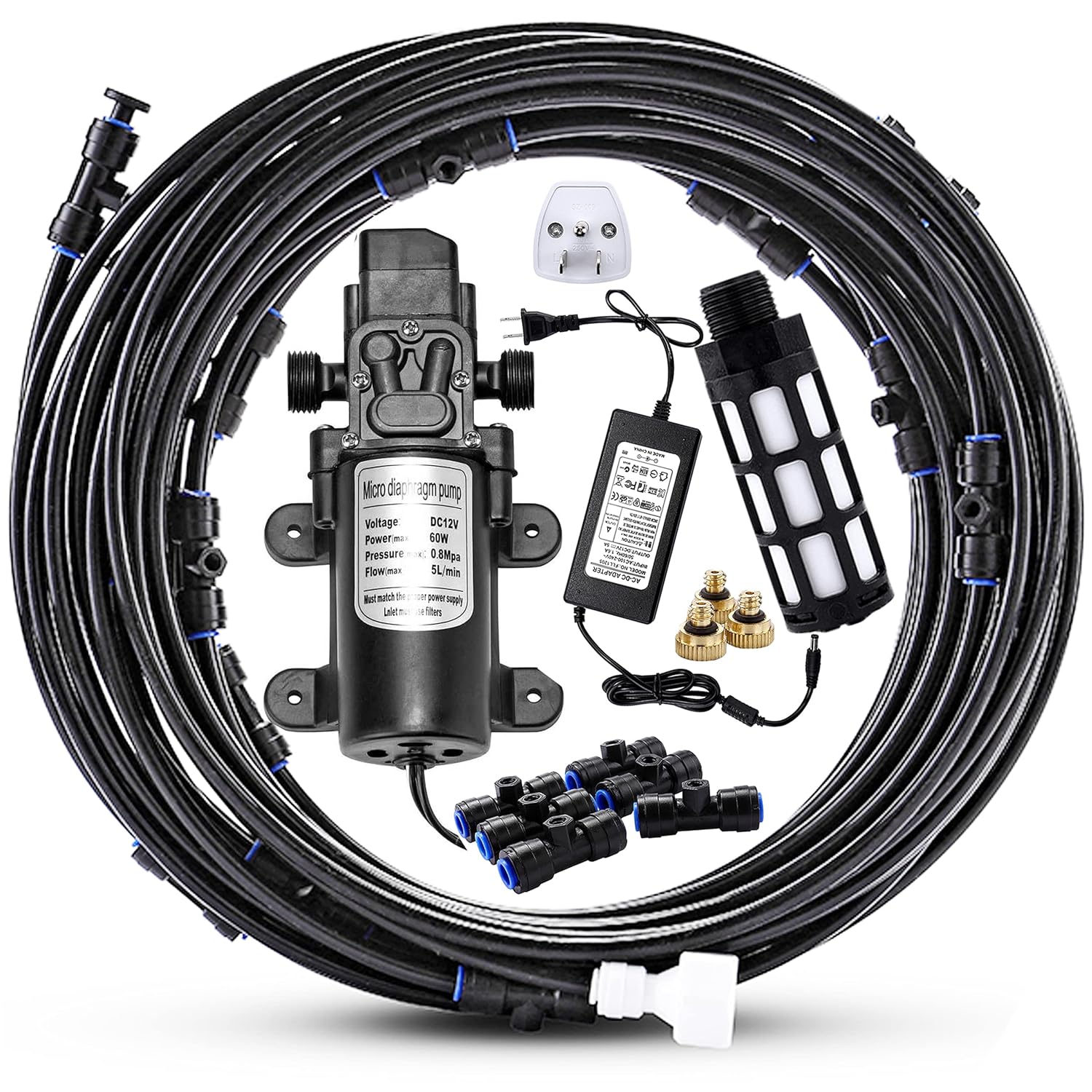 Mornajina Outdoor Misting Cooling System with Pump Kit, 49.2FT(15M) Misting Line with Filter, 20 Brass Mist Nozzles, 1 Brass Adapter (3/4"), 12V DC 60W 5L/Min, Self Priming Sprayer Water Pump