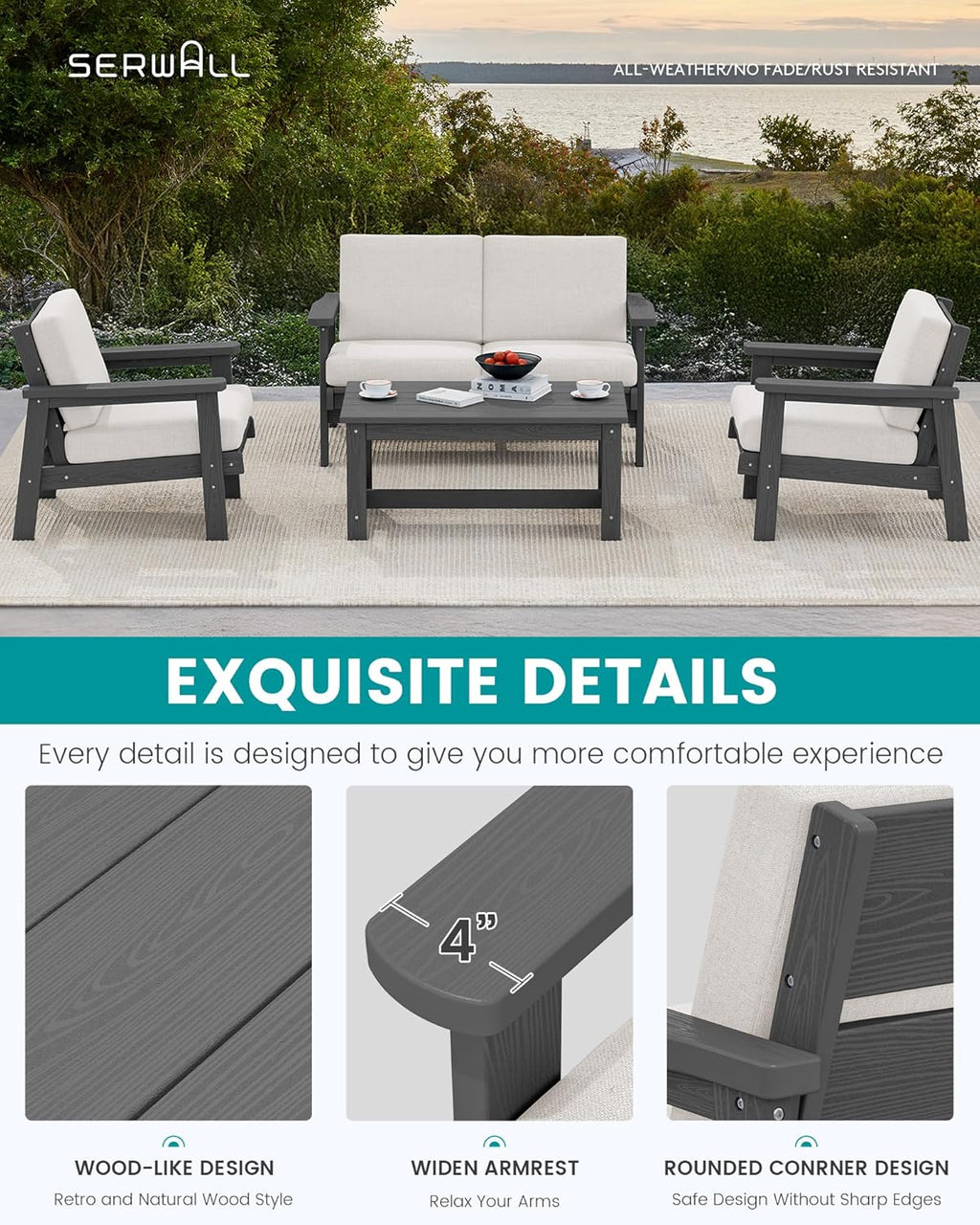 SERWALL HDPE Outdoor Furniture Set 4, All Weather Wood-Like Outdoor Sofa Sectional Couch, Grey Patio Furniture Set with Khaki Cushions