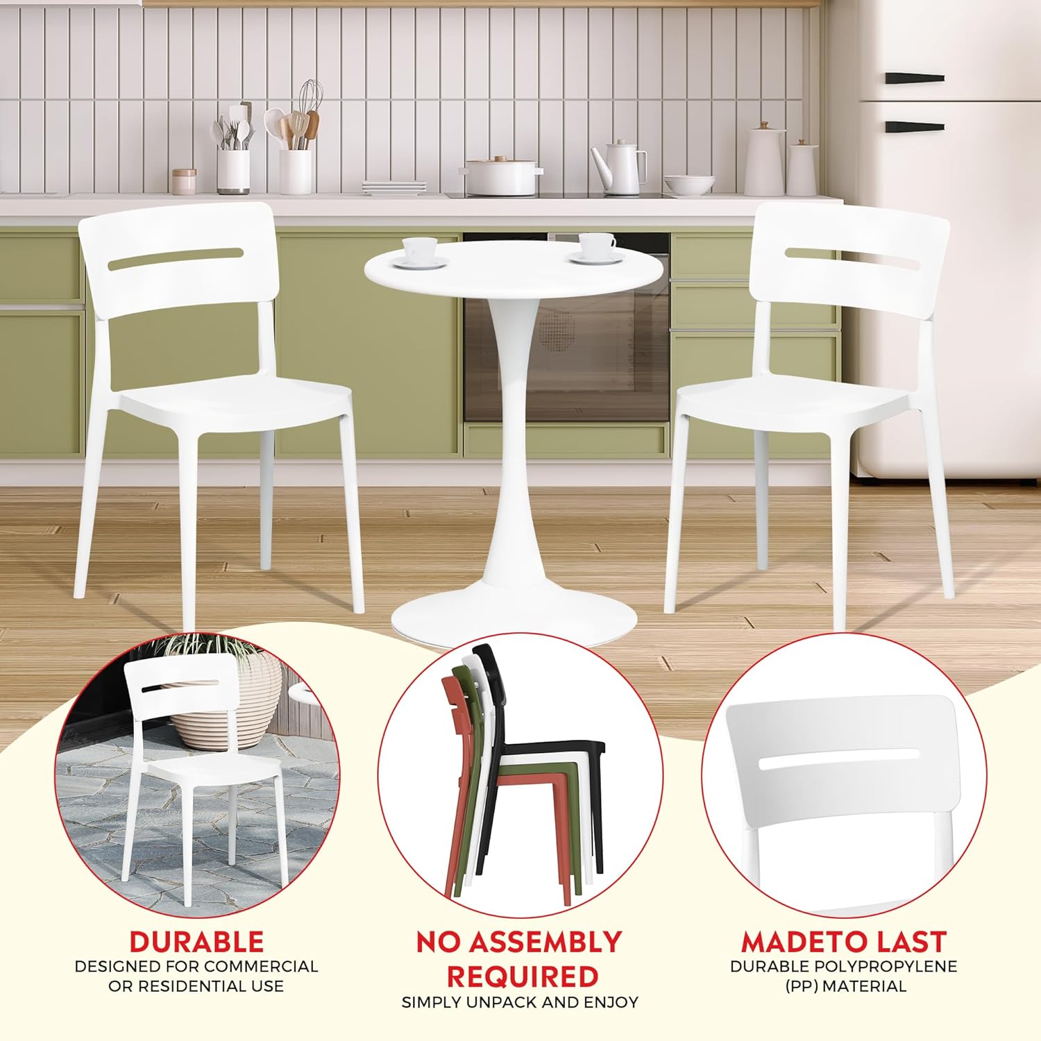 5-Piece Outdoor Dining Set, HDPE Patio Square Bistro Table and Stackable Chairs Sets for 4, Patio Furniture All Weather for Backyard Poolside, White