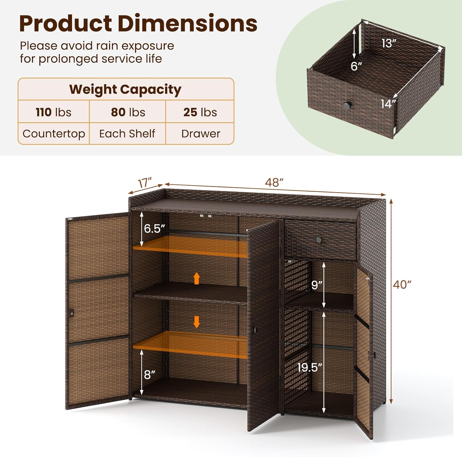 Tangkula Rattan Outdoor Storage Cabinet, Patiojoy Outdoor Cabinet with 4 Adjustable Shelves, 1 Drawer, 3 Doors, Patio Storage Deck Box Table for Patio Garden Poolside (Mix Brown)