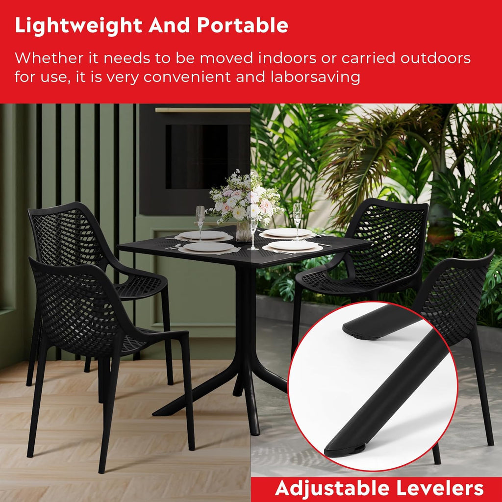 Breakfast Table Set for 4, HDPE Patio Square Dining Table and Stackable Chairs, Outdoor Small Patio Furniture Set All Weather for Backyard Porch Poolside, Black