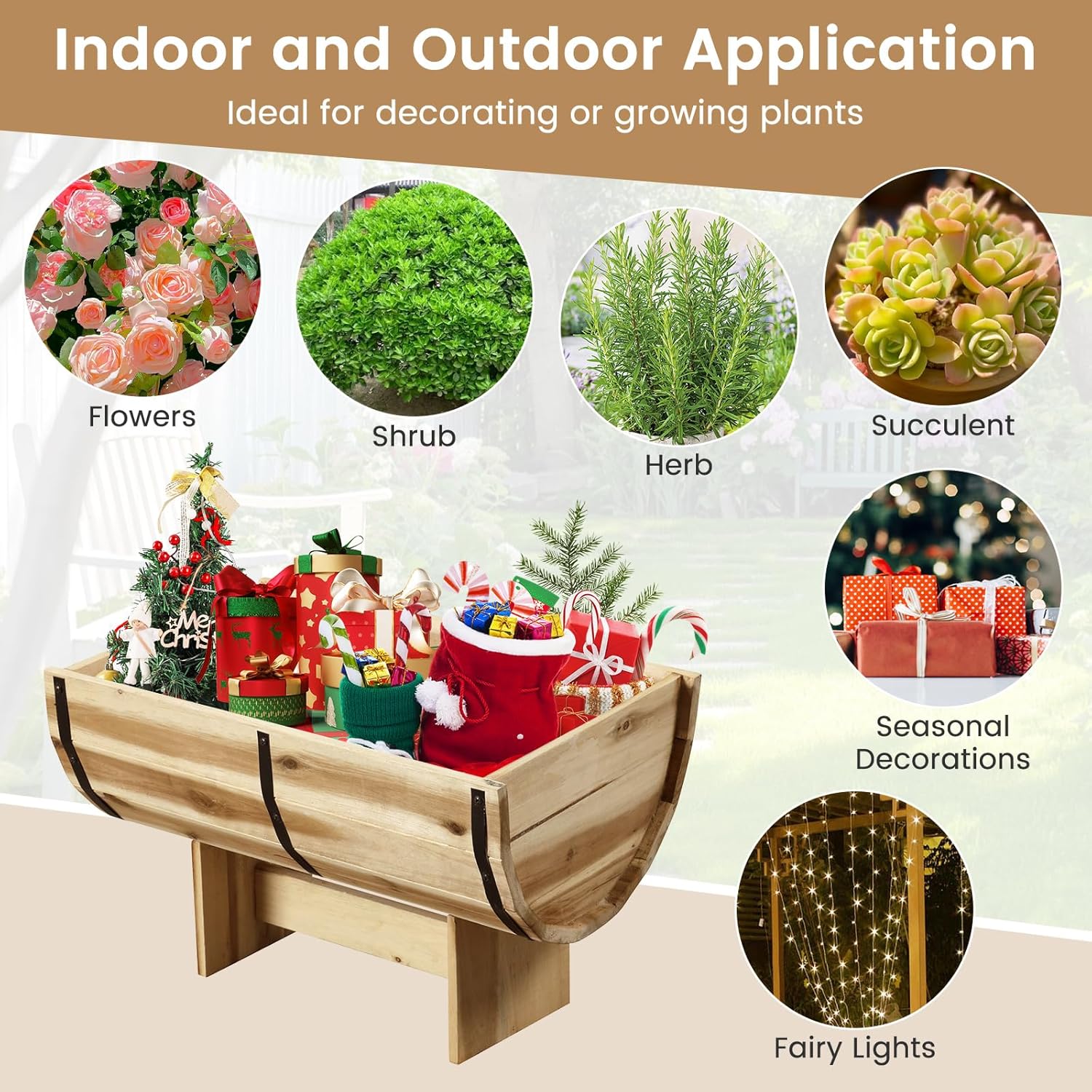 HAPPYGRILL Wooden Plant Pots, Solid Acacia Wood Half-Barrel Planting Flower Pot w/Legs, Drainage for Flower Vegetable Fruit, Outdoor Elevated Garden Bed, Decorative Planters for Indoor Plants (1)