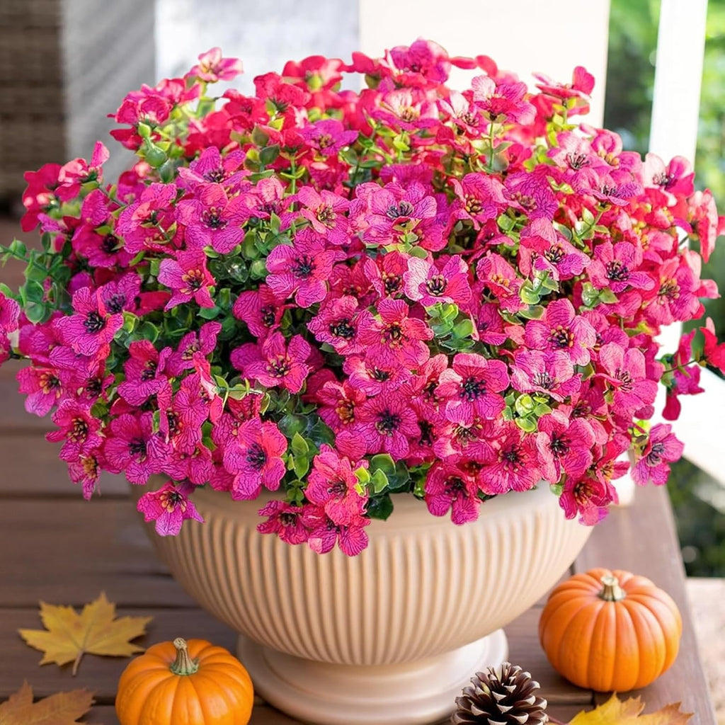 Artificial Flowers for Outdoor Indoor Garden Home Decoration, Faux Flower Daisy with Eucalyptus Leaves Fake Plants Greenery Boxwood Porch Patio, 12 Bundles (Rose Red)