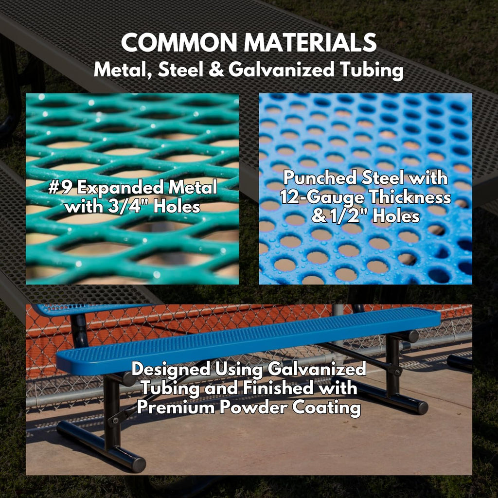 Heavy-Duty Outdoor Bench Thermoplastic Coated, Expanded Metal, Commercial-Grade Seating, Made in America (Surface with Back, 8 Ft, Textured Dark Green)