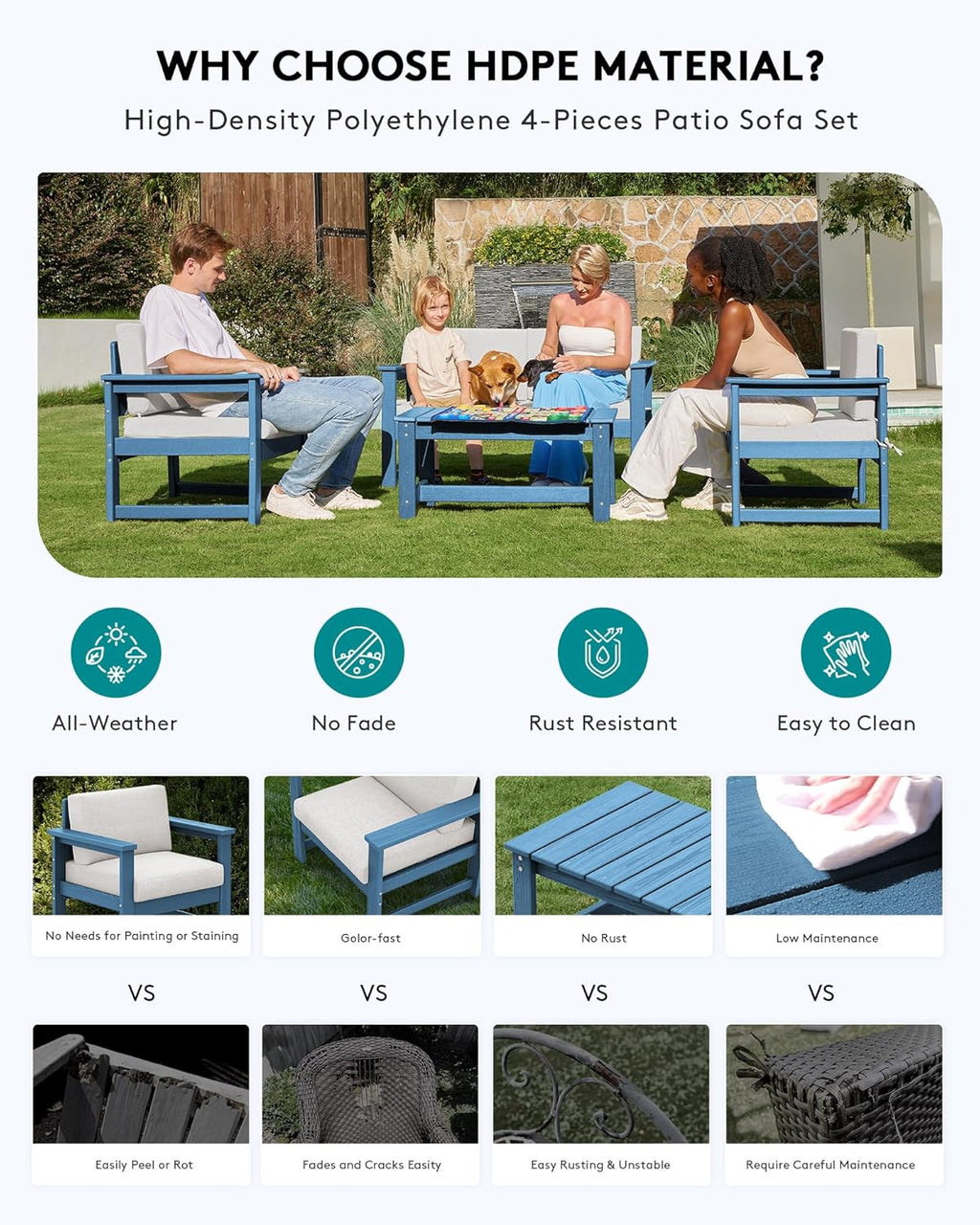 SERWALL 8 Pieces HDPE Outdoor Conversation Sofa Set with Cushions, All Weather Use Couch Loveseat Furniture with Side Table for Balcony, Deck, Poolside, BlueFrame with Khaki Cushions