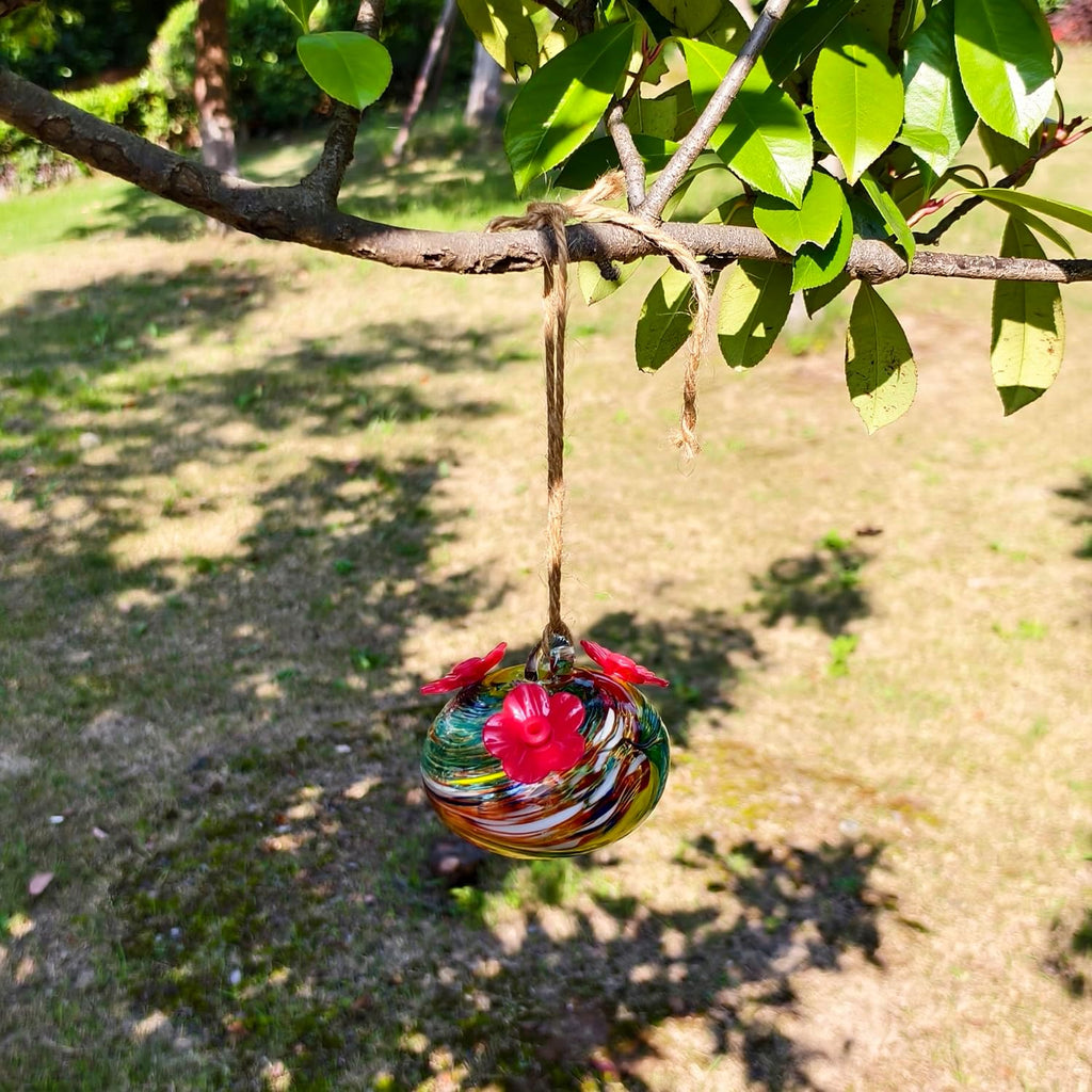 Small Glass Hummingbird Feeders for Outdoors Hanging - Hand Blown Glass Ball Nectar Feeding, Multi Color with 3 Flowers Feeding Ports, Decor for Garden/Backyard Outside