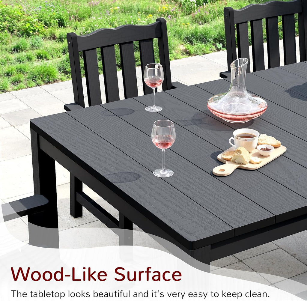 Stoog 7 Pieces Patio Dining Sets, All-Weather HIPS & Aluminum Outdoor Dining Table with Umbrella Hole, Patio Furniture Set Include 1 Table and 6 Chairs, for Backyard, Garden and Deck, Black