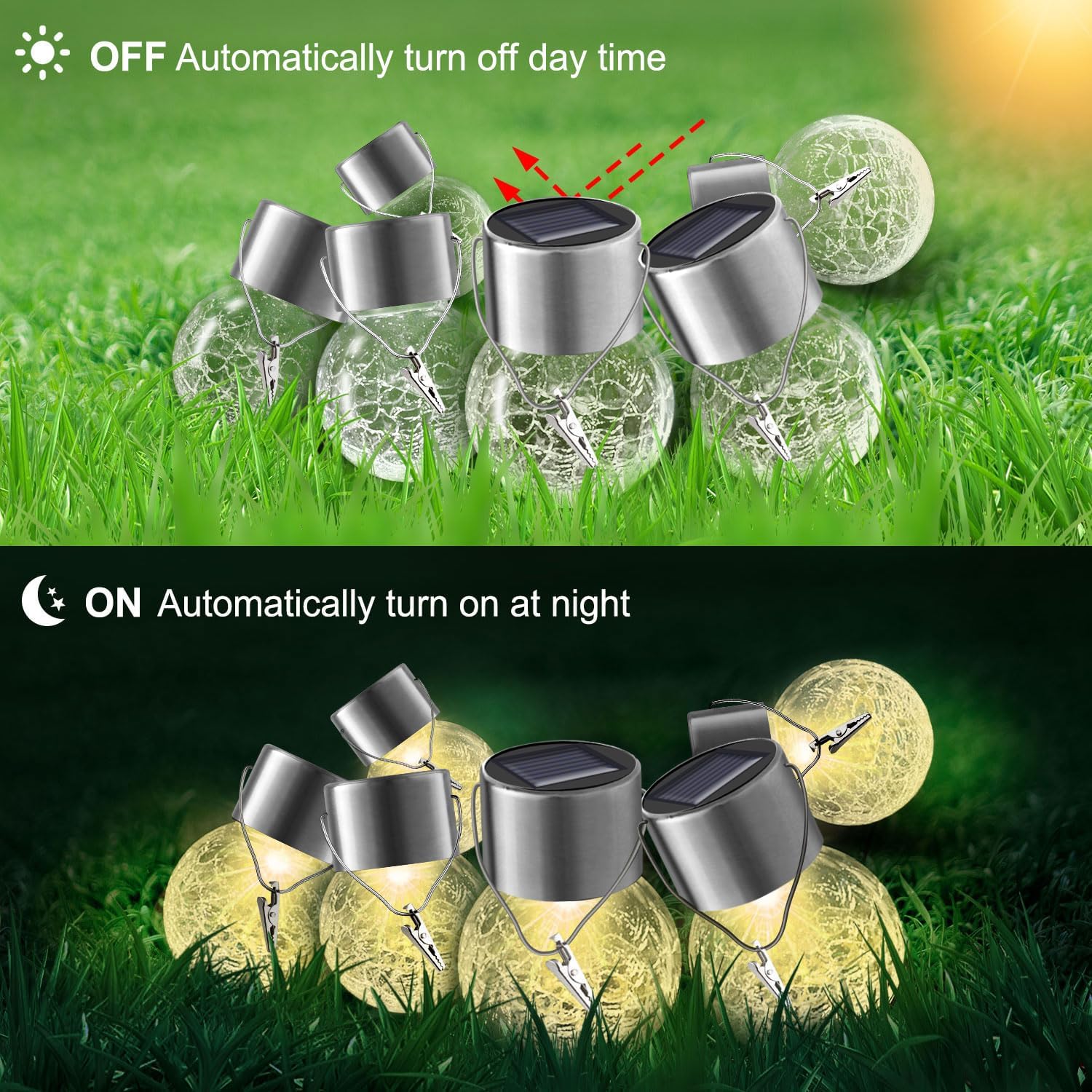 Solar Lights Outdoor Hanging Decorative Globe 8 Pack, Waterproof Solar Lantern with Handle and Clip, Solar Powered Glass Ball Lights for Garden Yard Fence Tree Umbrella Holiday Décor, Warm White
