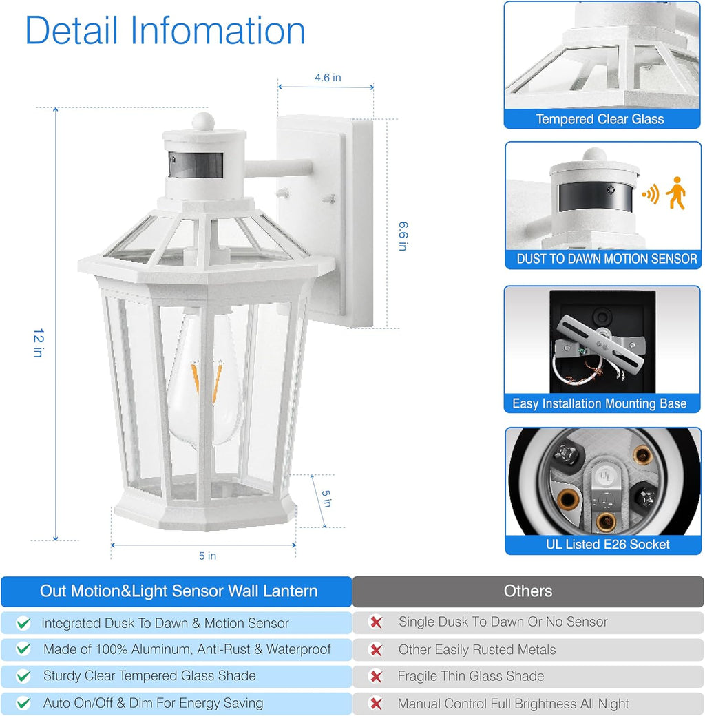 VIANIS Motion Sensor Outdoor Light Fixtures Wall Mount, 2 Pack White Dusk to Dawn Exterior Wall Lantern, Anti-Rust Wall Mount Lighting with Clear Glass Shade for House, Entryway, Front Door