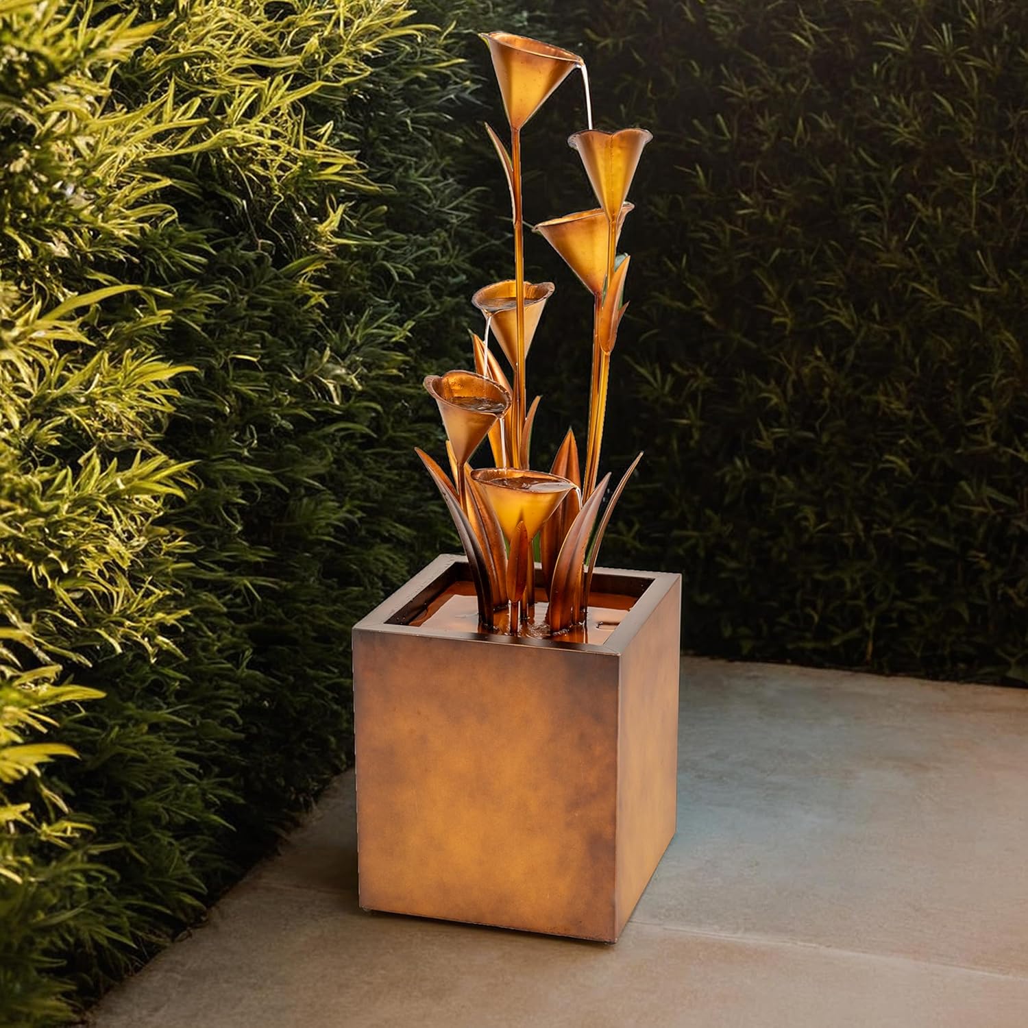 XBrand Sculptural Freestanding Metal Multi-Tiered Water Fountain w/Flowers, No LED Lights, Bronze, 46" Tall