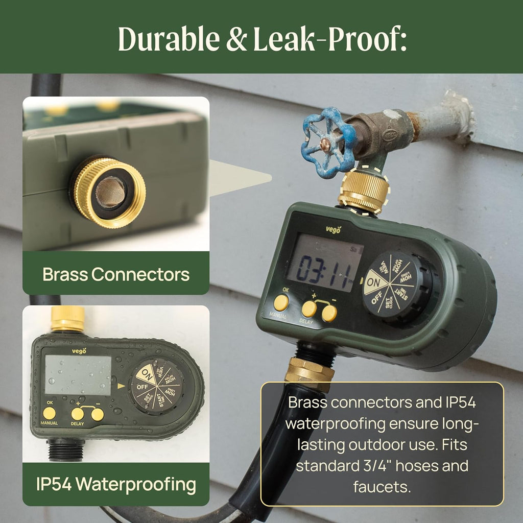 Vego Sprinkler Timer with Brass Inlet- Watering Timer for Garden Hose with Rain Delay/Manual Watering/Automatic Irrigation System - Water Hose Timer for Yard Lawn