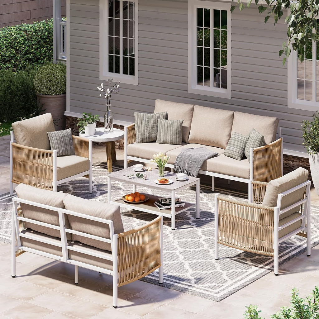 Aluminum Outdoor Patio Furniture Set, HDPE Rope 5 Piece Modern Sectional Conversation Sets with Dual-Layer Coffee Table, All Weather Patio Couch Sofa with Thick Cushions, White Frame, Ivory