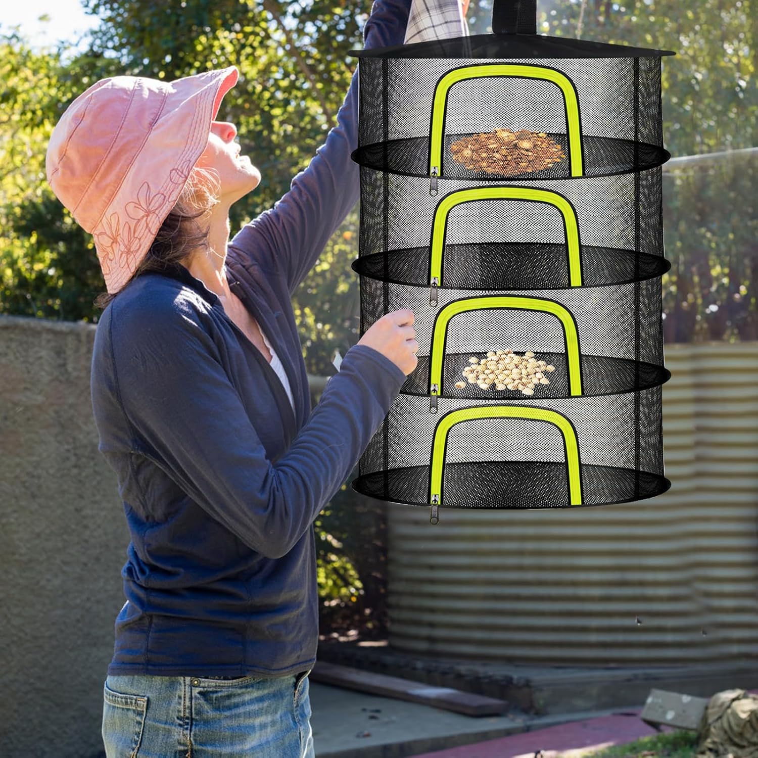 4 Layer Herb Drying Rack, Hanging Mesh Net, Foldable Plant Drying Rack With U-Shaped Zipper, Garden Trimming Shears and Hooks, For Drying Herbs Plants, Fruits, Seafood, Clothing(4 Layers-23.62'')