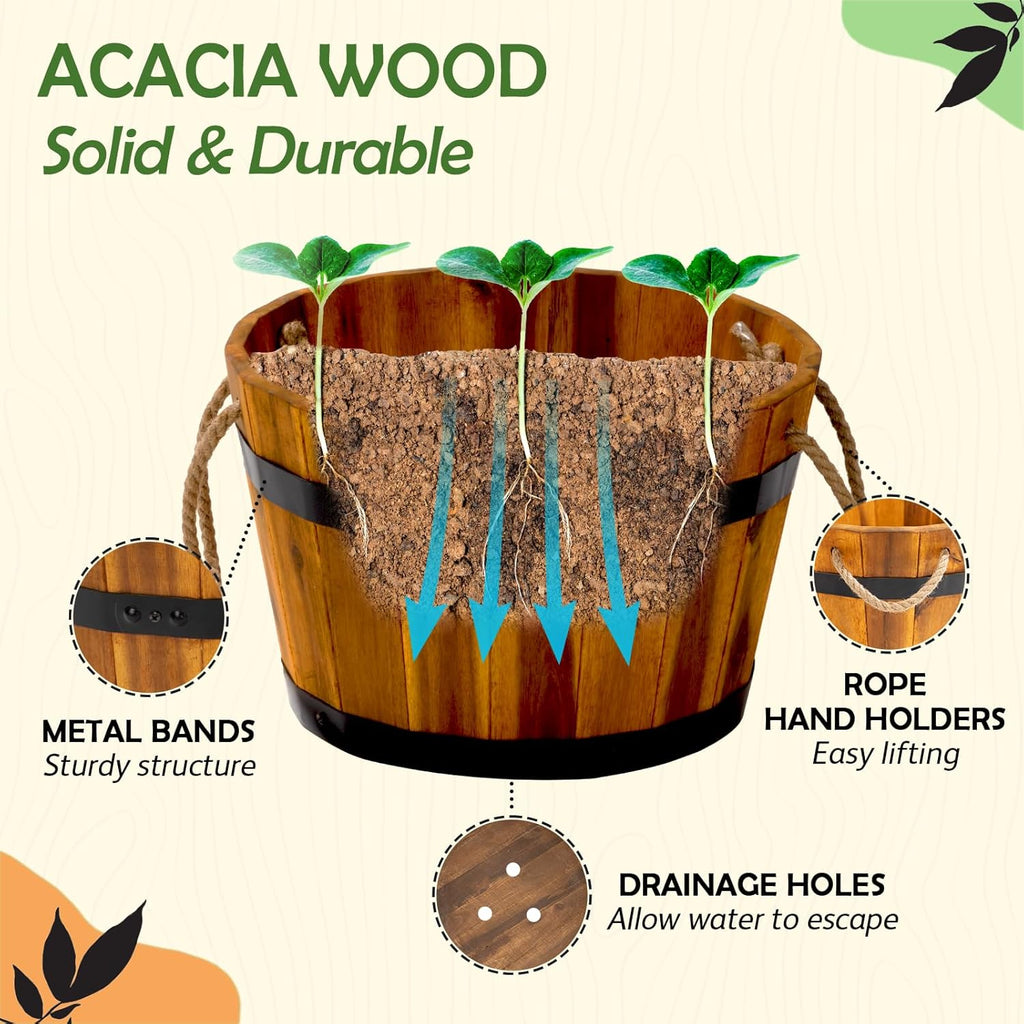 IDZO Set of 3 Wooden Flower Boxes Outdoor, Durable Acacia Wood Barrel Planters for Outdoor Plants with Ergonomic Handles, Drainage Holes, Multiple Sizes Wood Bucket Planter for Home Décor