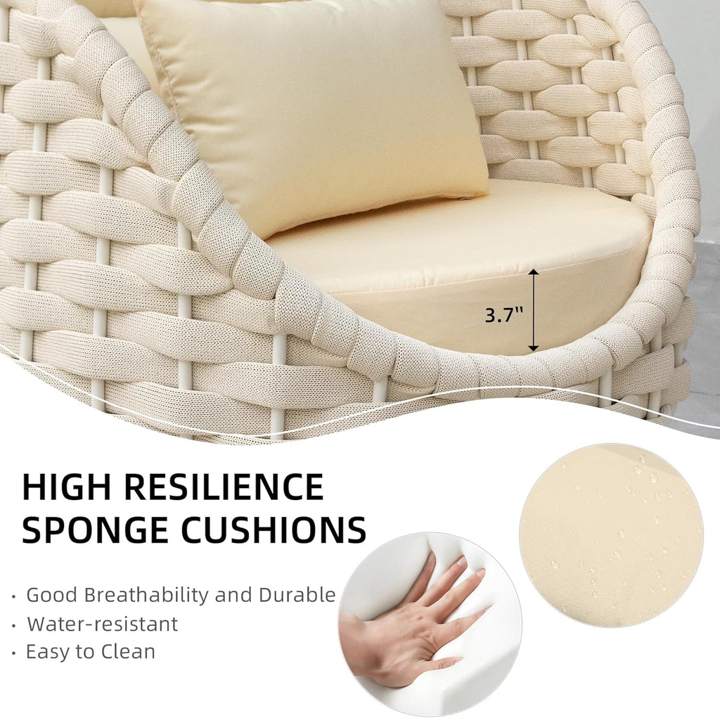 TWT Outdoor 3-Piece Conversation Set Rust Free Patio Furniture Set Already Assembled Compact-Weave Rope Olefin Modern Sofa Seating with Thick & Washable Cushions for Indoor, Backyard, Balcony, Cream