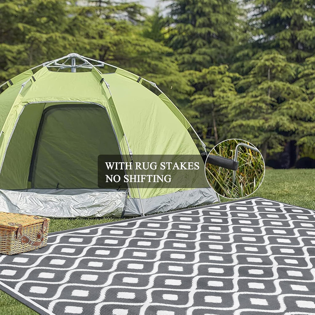 Pauwer Waterproof Outdoor Rug 8x10, Reversible Plastic Straw Patio Camping Rug, Indoor Outdoor RV Mat Carpet for Deck, Camper, Porch, Balcony, Backyard, Picnic, Geometric Grey